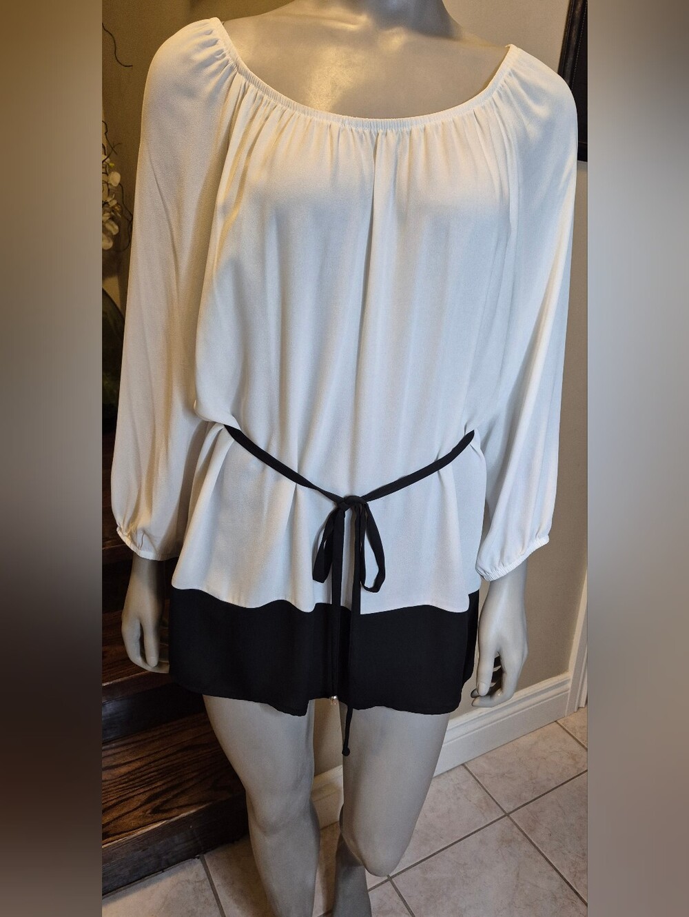 AB Studio White Blouse with Black Waist Tie and Hem